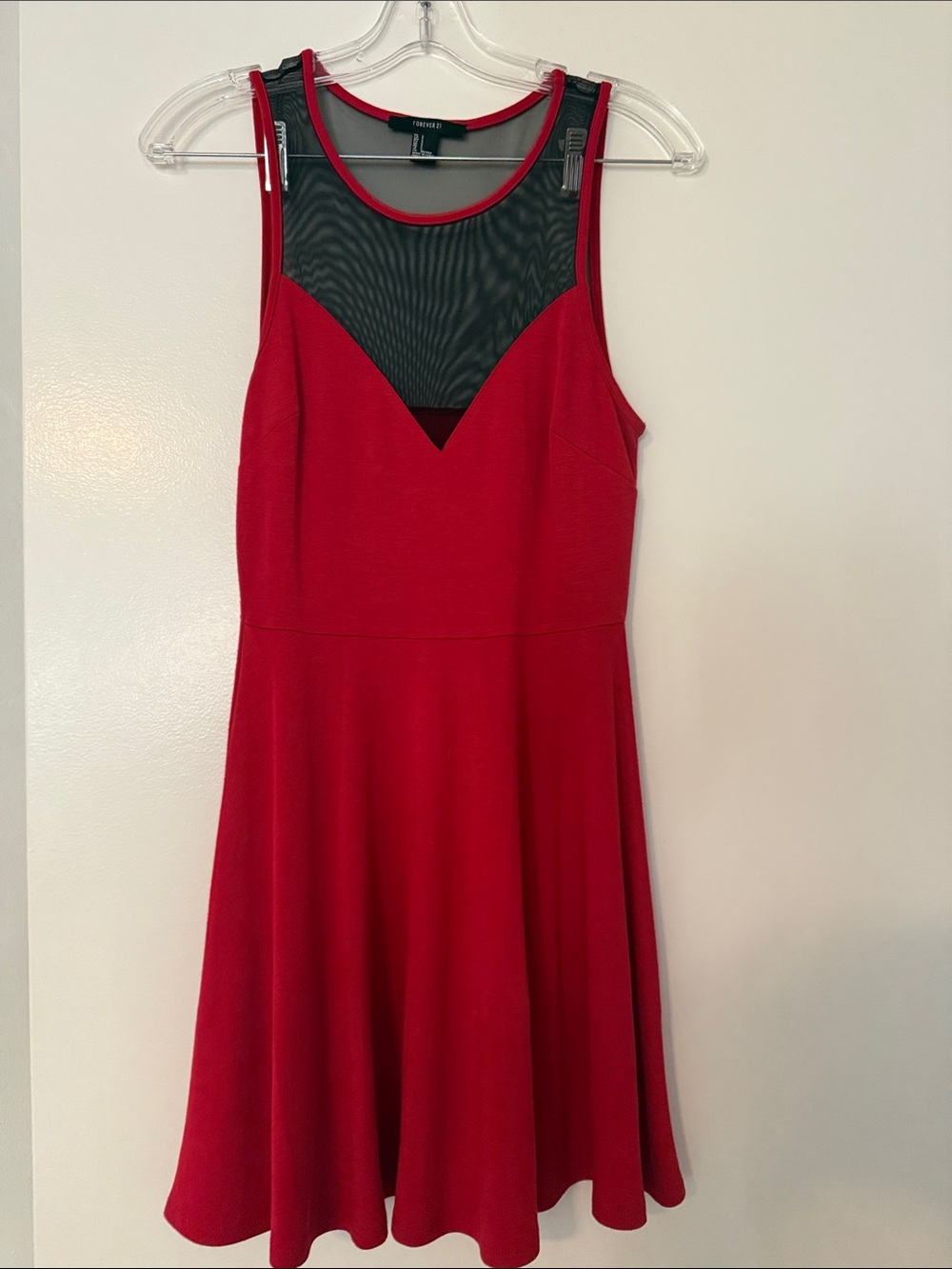 Forever 21 Red Sleeveless Fit-and-Flare Dress with Black Mesh Yoke